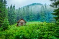 Wooden house blockhouse at green glade in mountains forest