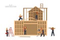 Wooden house build. Isolated industrial scene. Civil engineers at work. Construction job. Cartoon workers in uniform