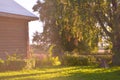 Wooden house with carved windows in Vologda Russia . Russian style in architecture. Rustic russian house with garden