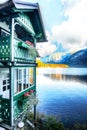 Wooden house on the coast of lake in Hallstatt village Austrian Royalty Free Stock Photo