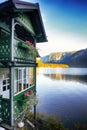 Wooden house on the coast of lake in Hallstatt village Austrian Royalty Free Stock Photo