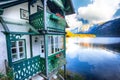 Wooden house on the coast of lake in Hallstatt village Austrian Royalty Free Stock Photo