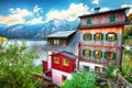 Wooden house on the coast of lake in Hallstatt village Austrian Royalty Free Stock Photo