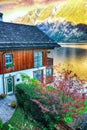 Wooden house on the coast of lake in Hallstatt village Austrian Royalty Free Stock Photo