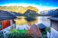 Wooden house on the coast of lake in Hallstatt village Austrian Royalty Free Stock Photo