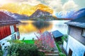 Wooden house on the coast of lake in Hallstatt village Austrian Royalty Free Stock Photo