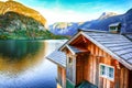 Wooden house on the coast of lake in Hallstatt village Austrian Royalty Free Stock Photo