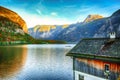 Wooden house on the coast of lake in Hallstatt village Austrian