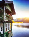 Wooden house on the coast of lake in Hallstatt village Austrian Royalty Free Stock Photo