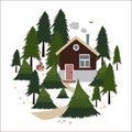 Wooden house in the coniferous forest. Royalty Free Stock Photo