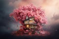 Wooden House connected with tree. Generate Ai Royalty Free Stock Photo