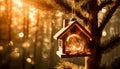 wooden house with a cristal ornament hanging on the tree and copy-space