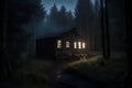 Wooden house in a dark forest at night. 3d render Royalty Free Stock Photo