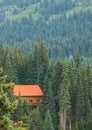 Wooden house in deep forest at the mountains. Early morning high in the mountains with mist Royalty Free Stock Photo