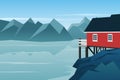 Wooden house exterior with beautiful lake and mountain landscape. Norway. Red house. Scandinavia. Vector illustration