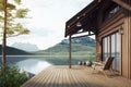 Wooden house exterior with beautiful lake and mountain view 3d render, copy space Royalty Free Stock Photo