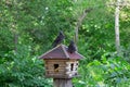 A wooden house-feeder, standing on the trunk of a tree in the Park, on the roof sit two pigeons