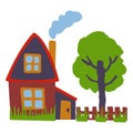 Wooden house with fence and garden. Red, blue, brown and yellow. Green grass and tree. Blue smoke from chimney. Cartoon style. Royalty Free Stock Photo