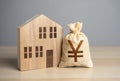 Wooden house figure and chinese yuan or japanese yen money bag. Royalty Free Stock Photo