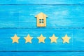 Wooden house and five stars on a gray background. Rating of houses and private property. Buying and selling, renting apartments. T Royalty Free Stock Photo