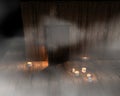 Wooden house fog dark night candle lights scene 3d rendering