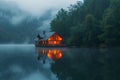 Wooden house in the forest with the foggy mountains. The image is generated with the use of an AI. Royalty Free Stock Photo