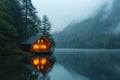 Wooden house in the forest with the foggy mountains. The image is generated with the use of an AI. Royalty Free Stock Photo