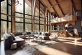 Wooden house in forest, Interior design of modern living room with vaulted ceiling and big windows. Created with generative AI Royalty Free Stock Photo