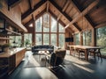 Wooden house in forest, Interior design of modern living room with vaulted ceiling. Created with generative AI