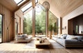 Wooden house in forest, Interior design of modern living room with vaulted ceiling. Created with generative AI technology Royalty Free Stock Photo