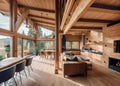 Wooden house in forest, Interior design of modern living room with vaulted ceiling. Created with generative AI Royalty Free Stock Photo