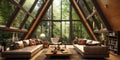 Wooden house in forest, Interior design of modern living room with vaulted ceiling Royalty Free Stock Photo