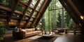 Wooden house in forest, Interior design of modern living room with vaulted ceiling Royalty Free Stock Photo
