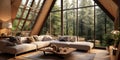 Wooden house in forest, Interior design of modern living room with vaulted ceiling Royalty Free Stock Photo