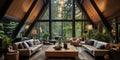 Wooden house in forest, Interior design of modern living room with vaulted ceiling Royalty Free Stock Photo