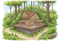 Wooden house in a forest setting, elevated by sturdy pillars, with wraparound decks Royalty Free Stock Photo