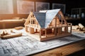 wooden house frame model on architect blueprints Royalty Free Stock Photo