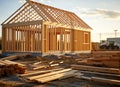 Wooden house frame under construction, showcasing exposed beams and foundation. AI Generated Image. Royalty Free Stock Photo