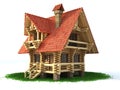 Wooden house on grass 3d illustration