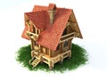 Wooden house on grass 3d illustration