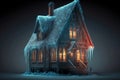 wooden house with icicle on house and glowing windows on dark background Royalty Free Stock Photo