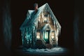 wooden house with icicle on house and glowing windows on dark background Royalty Free Stock Photo