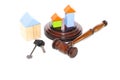 Wooden house and judge gavel on a white background. Is isolated Royalty Free Stock Photo