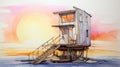 Colorful Ink Wash Beach House Illustration With Contemporary Metallurgy