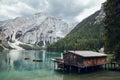 Wooden house in Lago di Braies, Dolomites Alps, Italy Royalty Free Stock Photo