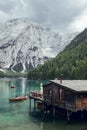 Wooden house in Lago di Braies, Dolomites Alps, Italy