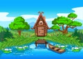 Fairy tale house made of logs on the shore of a beautiful lake Royalty Free Stock Photo