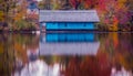 Wooden house on the lake in autumn season Royalty Free Stock Photo