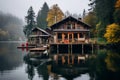 wooden house on a lake surrounded by trees