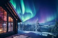 Wooden house with large windows with a beautiful view of the northern lights on the lake. Aurora Borealis. AI generated Royalty Free Stock Photo